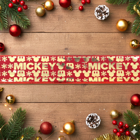 Listón Navideño, Diseño Mickey, Color Rojo y Oro