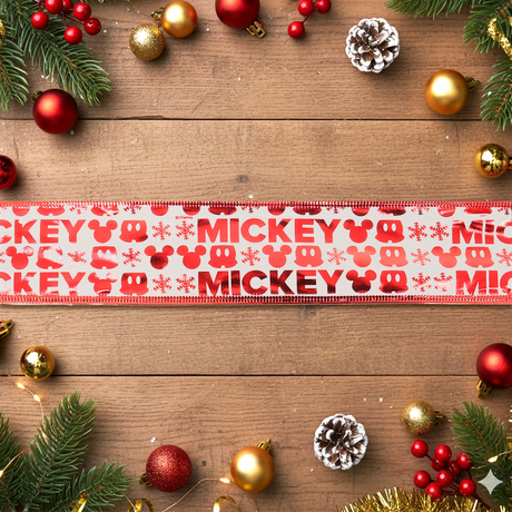 Listón Navideño, Diseño Mickey, Color Rojo y Blanco