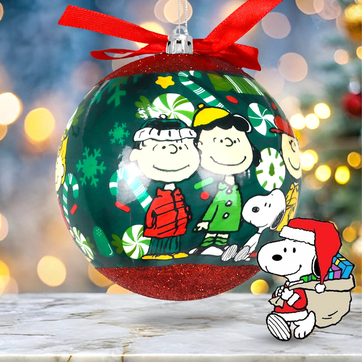 Esfera Navideña con Moño, Snoopy, Color Verde