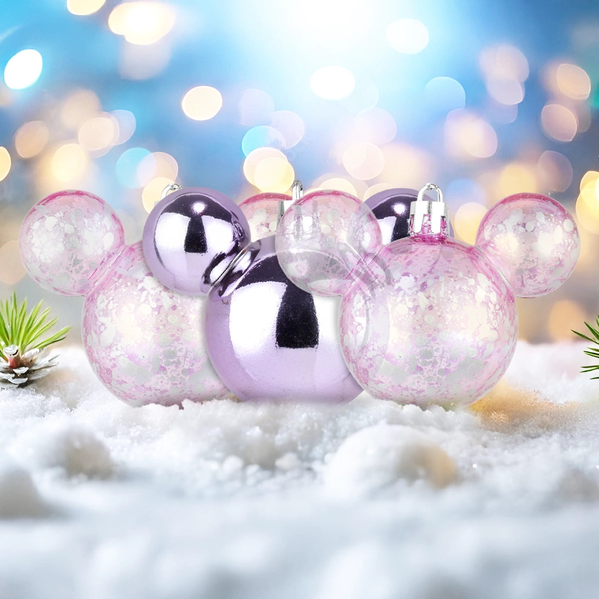 Esferas Navideñas en Forma de Mickey, 3 pzas, Color Lila