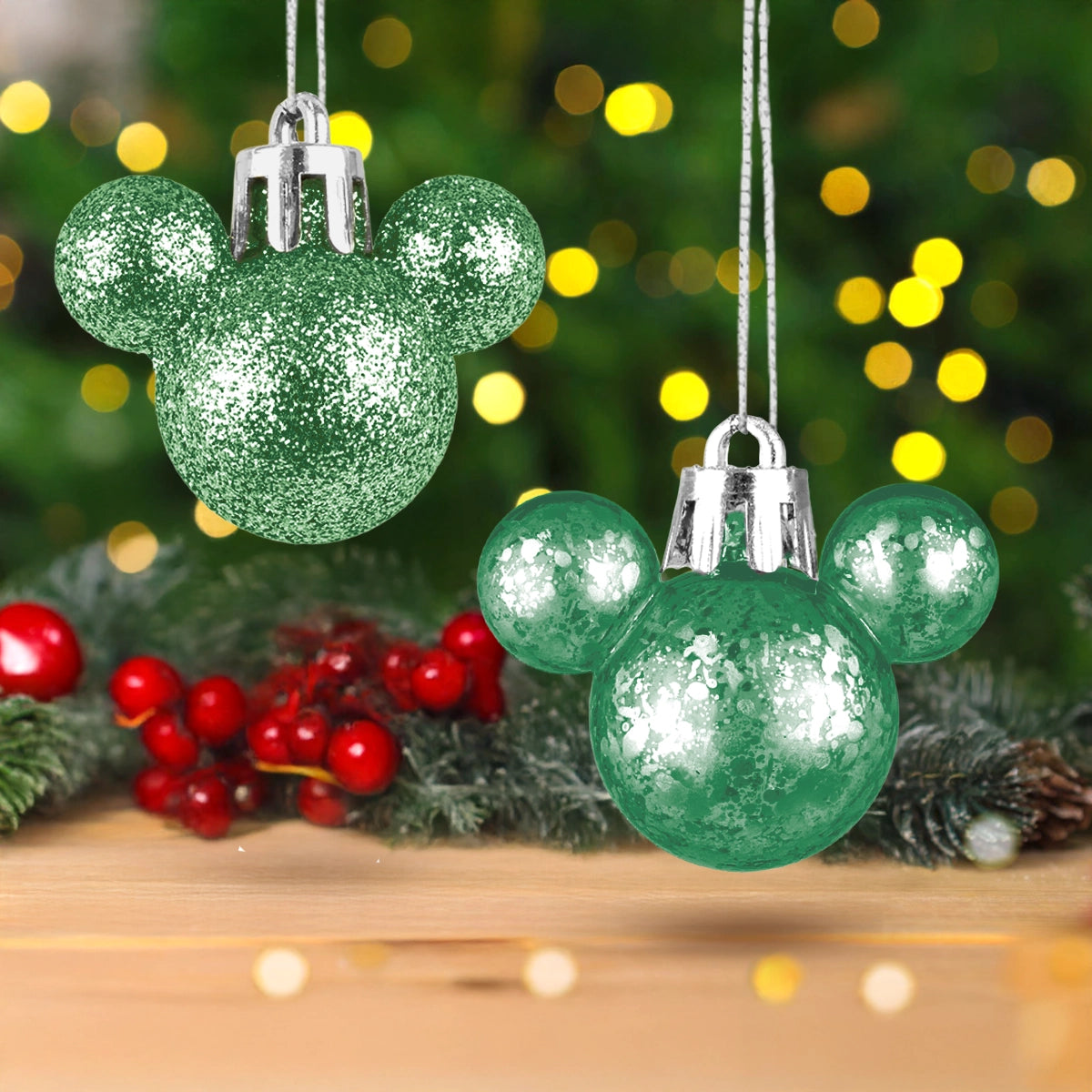 Esferas Navideñas en Forma de Mickey, 8 pzas, Color Verde