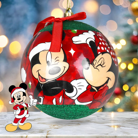 Esfera Navideña con Moño, Mickey & Minnie, Color Rojo