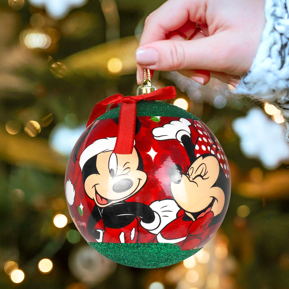 Esfera Navideña con Moño, Mickey & Minnie, Color Rojo