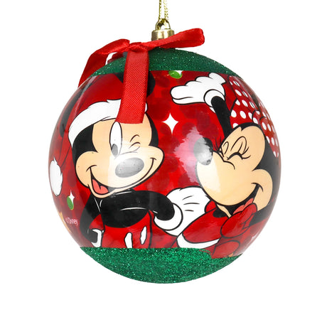 Esfera Navideña con Moño, Mickey & Minnie, Color Rojo