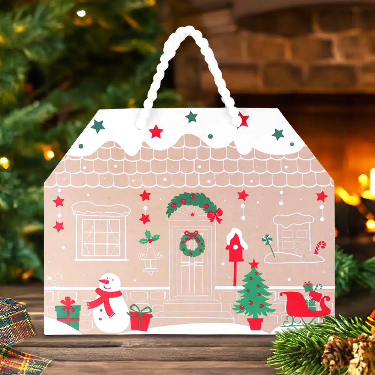 Bolsa de Regalo Navideña, Forma de Casa, Muñeco de Nieve