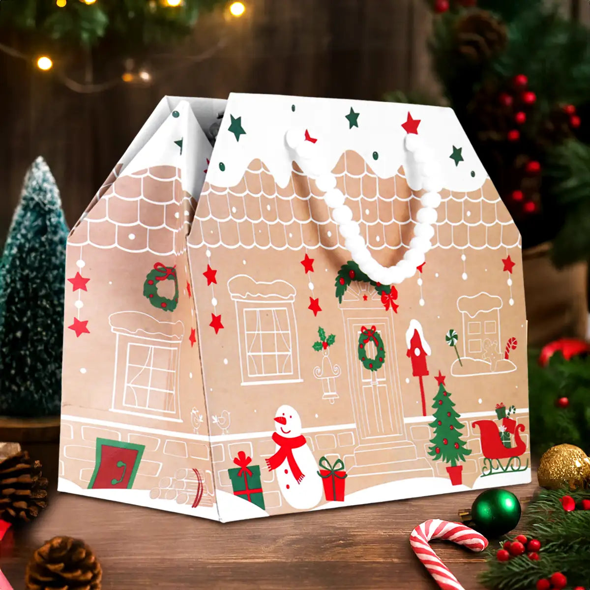 Bolsa de Regalo Navideña, Forma de Casa, Muñeco de Nieve