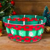 Canasta Ovalada Navideña de Bambú, Color Verde y Rojo