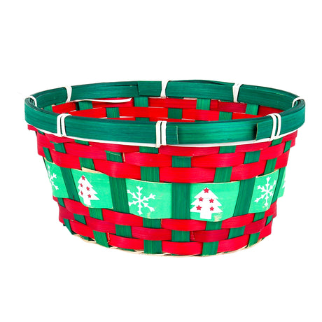 Canasta Ovalada Navideña de Bambú, Color Verde y Rojo