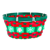 Canasta Ovalada Navideña de Bambú, Color Verde y Rojo