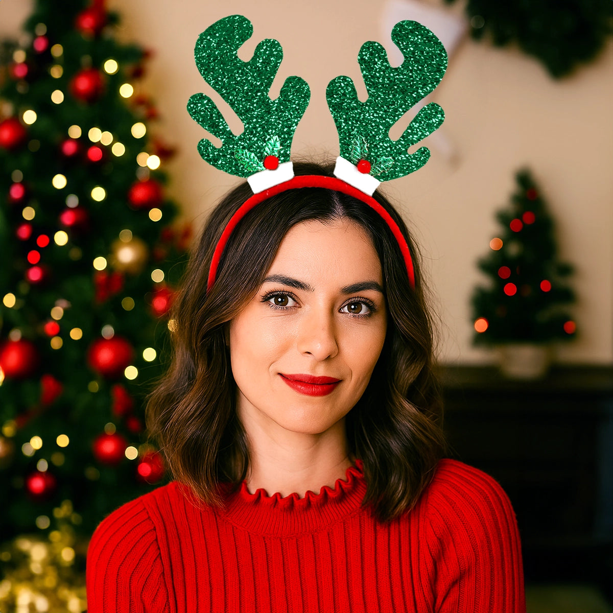 Diadema Navideña, Cuernos de Reno, Glitter, Color Verde