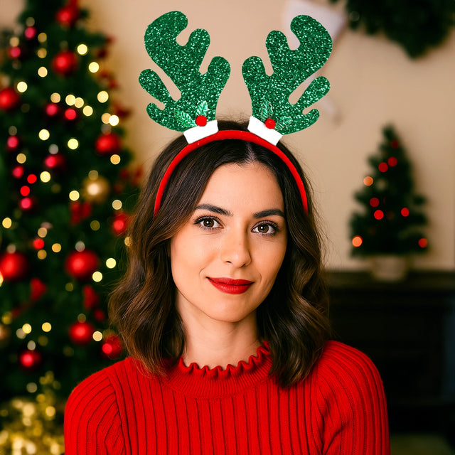 Diadema Navideña, Cuernos de Reno, Glitter, Color Verde