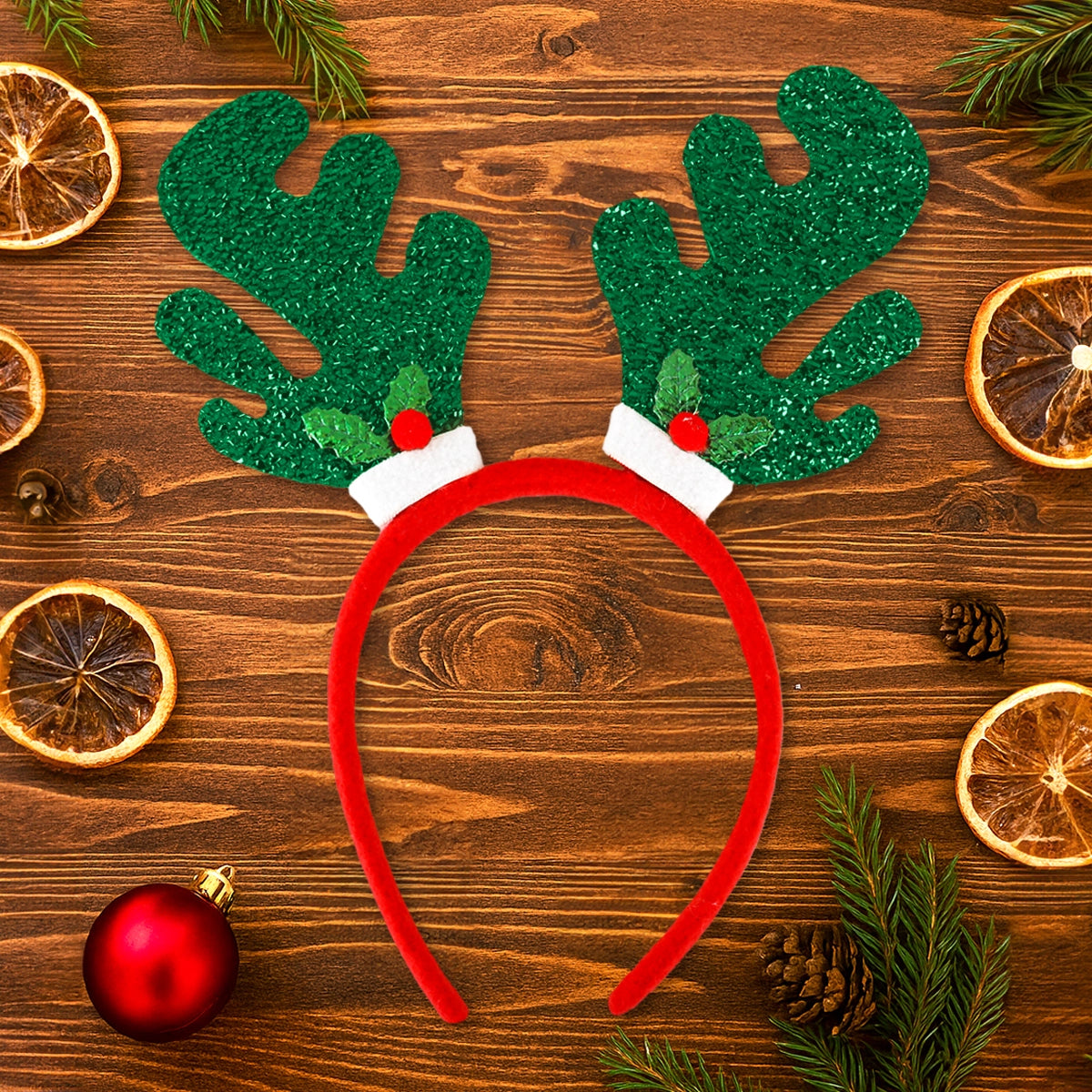 Diadema Navideña, Cuernos de Reno, Glitter, Color Verde
