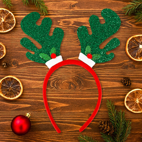 Diadema Navideña, Cuernos de Reno, Glitter, Color Verde