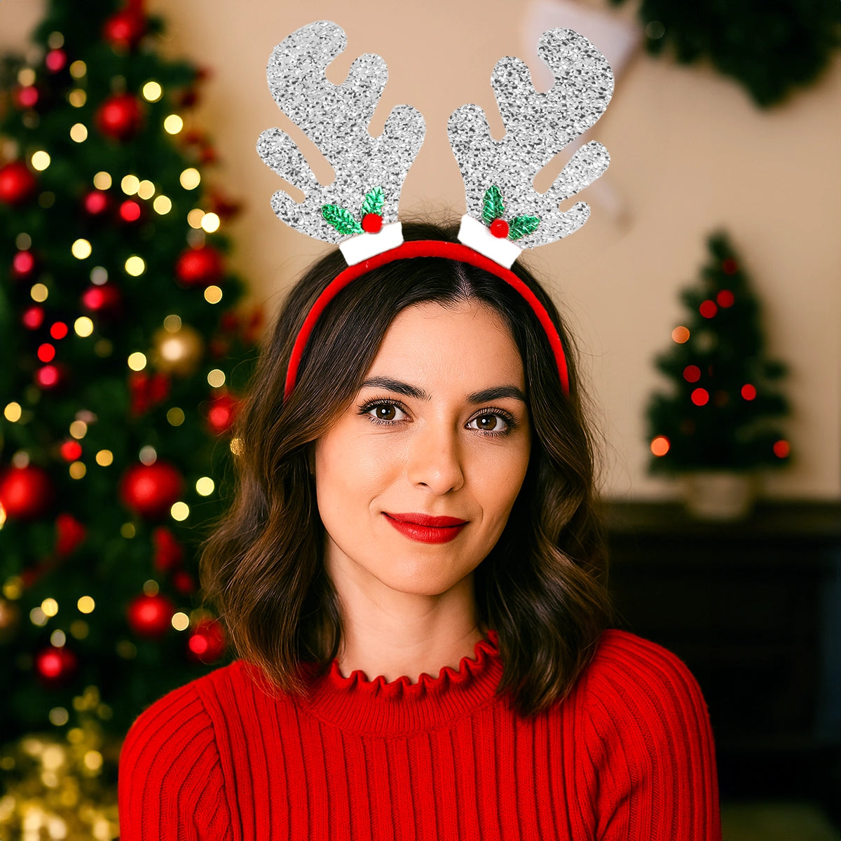 Diadema Navideña, Cuernos de Reno, Glitter, Color Plata