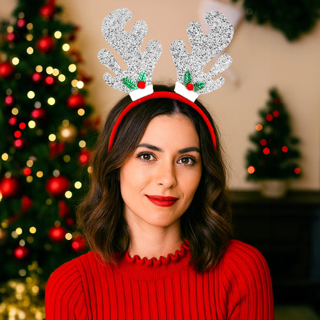 Diadema Navideña, Cuernos de Reno, Glitter, Color Plata