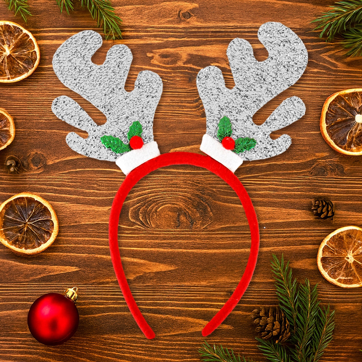 Diadema Navideña, Cuernos de Reno, Glitter, Color Plata