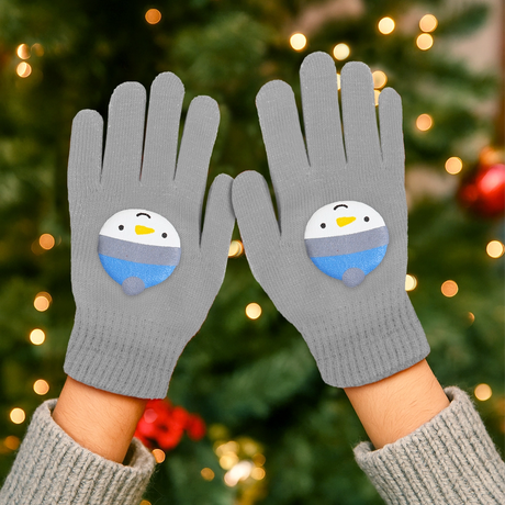 Guantes Navideños, Color Gris, Muñeco de Nieve