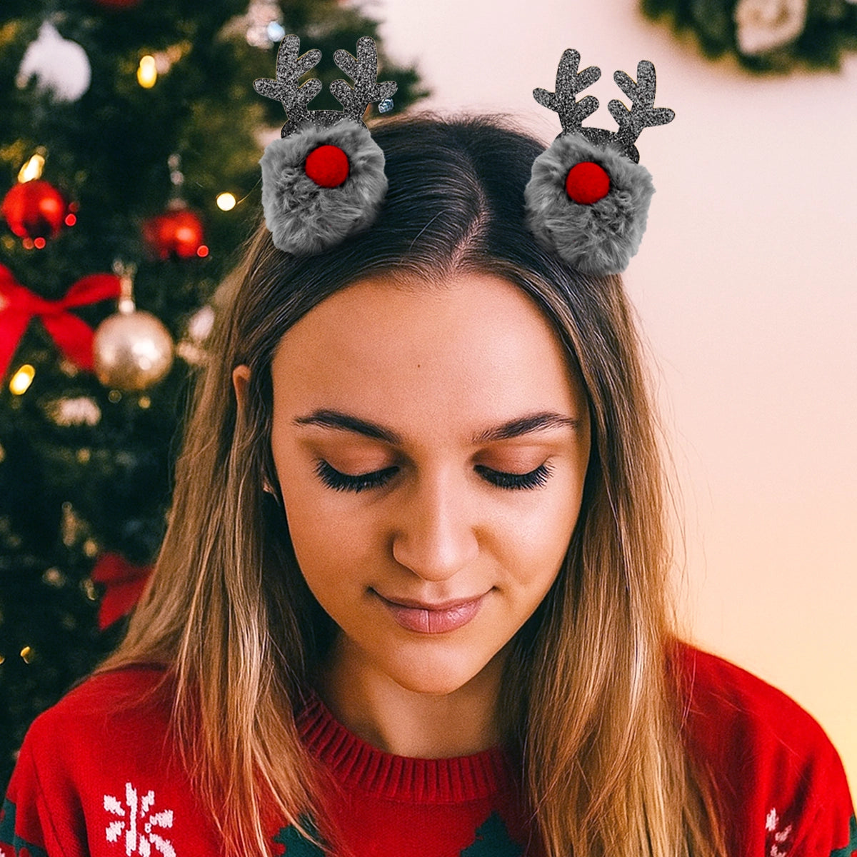 Broches de Cabello Navideños, Reno, Color Gris