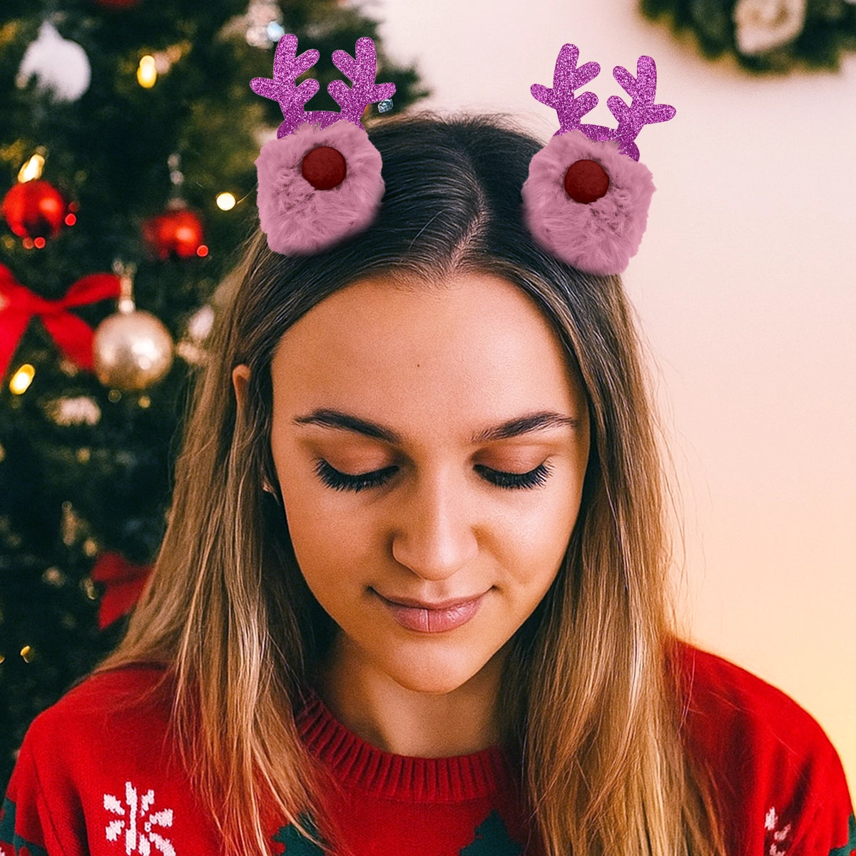 Broches de Cabello Navideños, Reno, Color Rosa