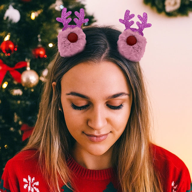 Broches de Cabello Navideños, Reno, Color Rosa