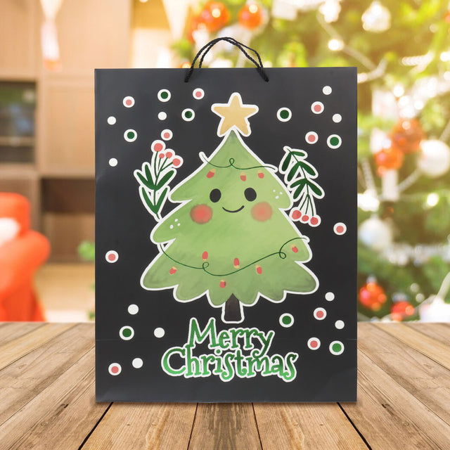 Bolsa de Regalo Navideña, Diseño Pino, Color Negro