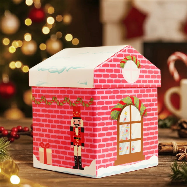 Caja Navideña en Forma de Casa, Nevada, Color Rosa