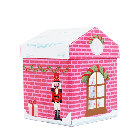 Caja Navideña en Forma de Casa, Nevada, Color Rosa