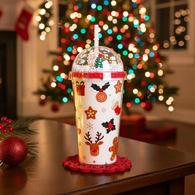 Vaso de Plástico con Tapa y Popote, Navideño