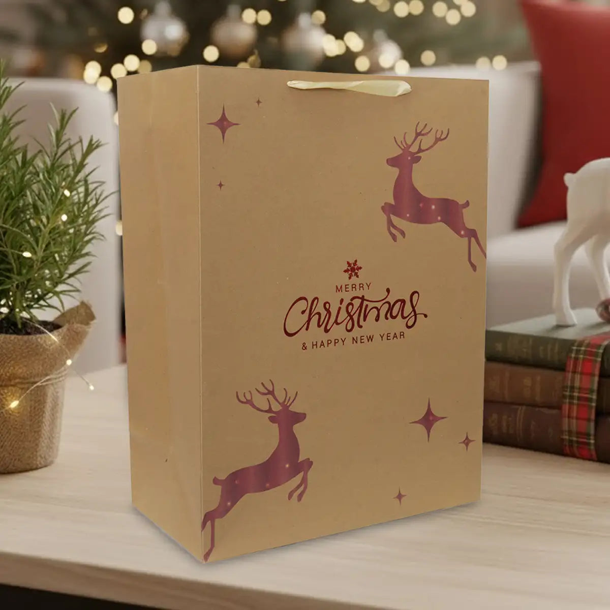 Bolsa de Regalo Navideña, Renos, Acabado Brillante