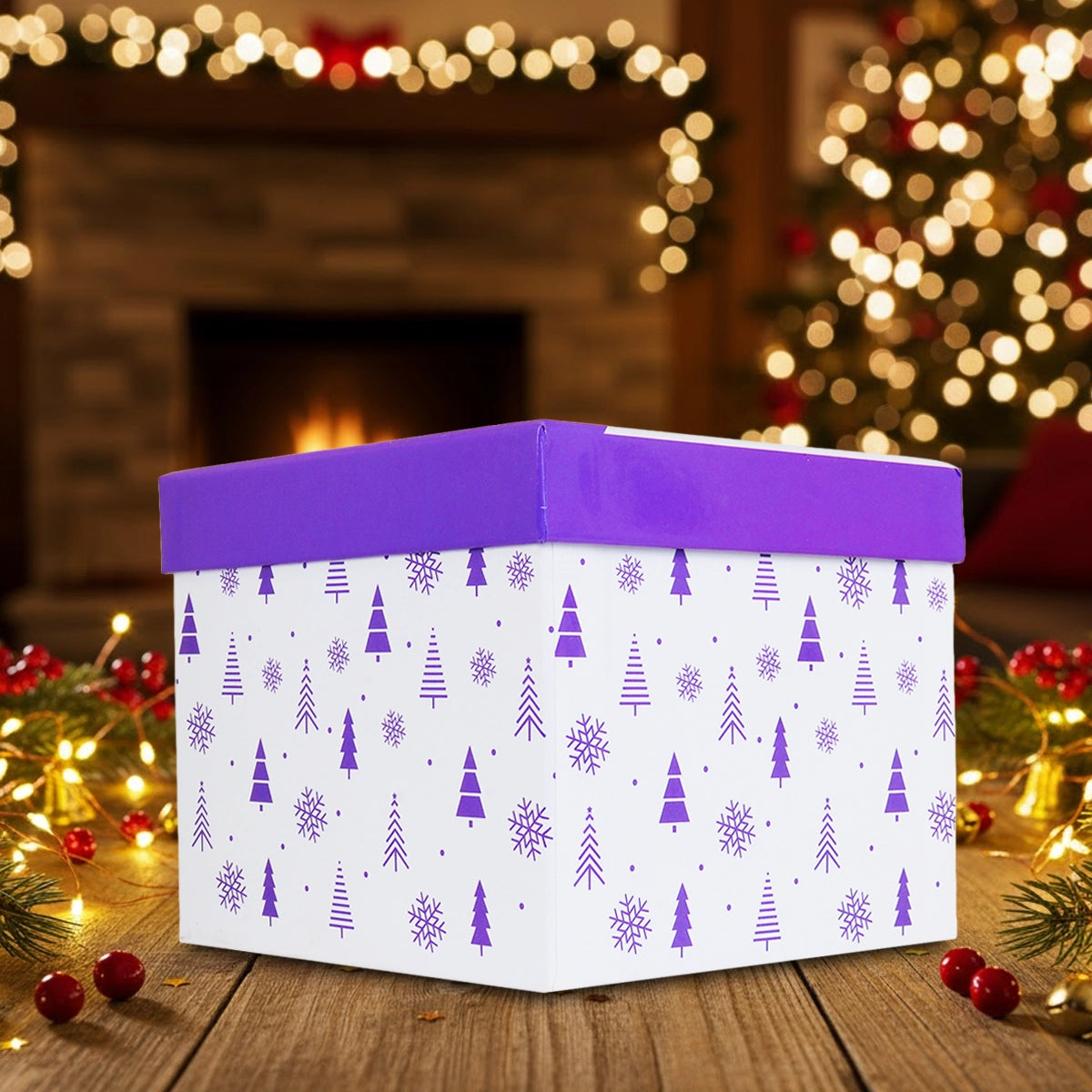 Caja de Regalo Navideña, Diseño Merry Christmas, Color Morado
