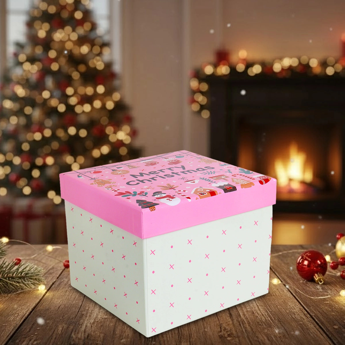 Caja de Regalo Navideña, Merry Christmas, Color Rosa