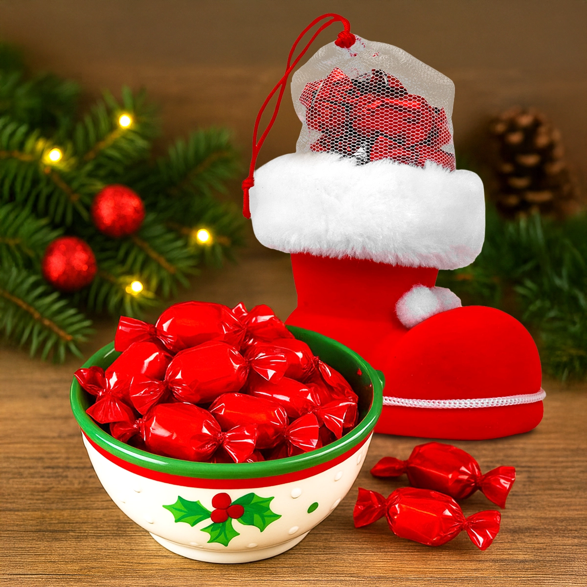 Bota Navideña con Caramelos, Color Rojo, 28 gr
