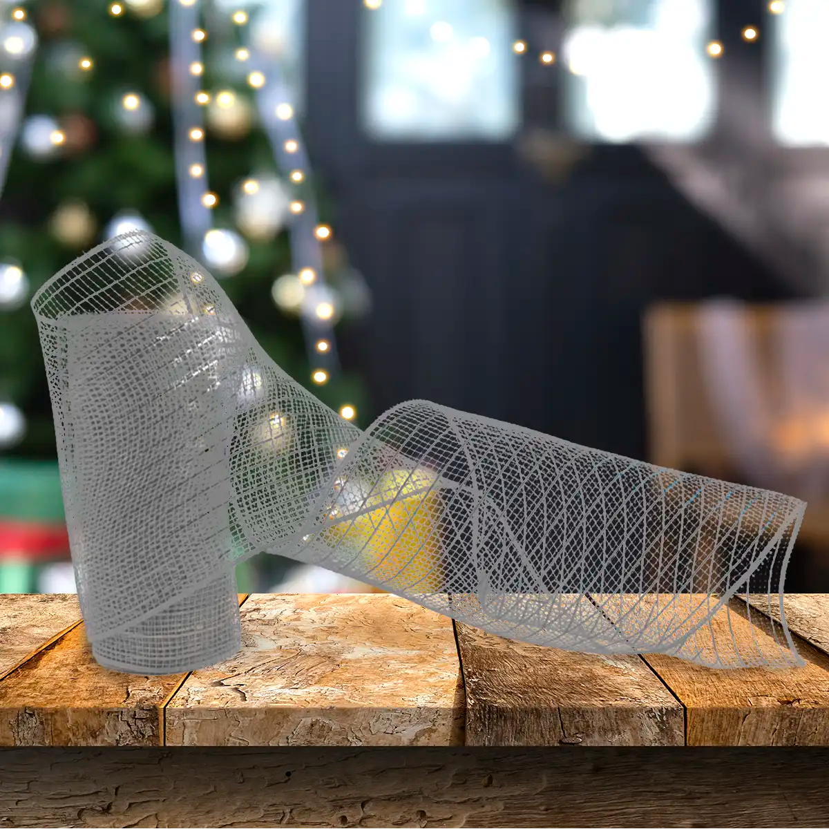 Listón Navideño Mesh, Color Gris