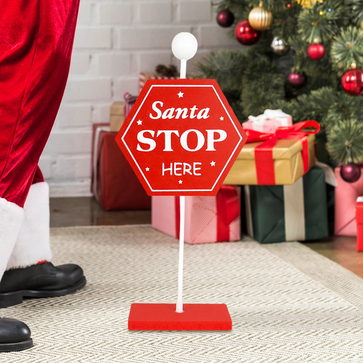 Letrero Navideño Decorativo "Santa Stop Here", MDF
