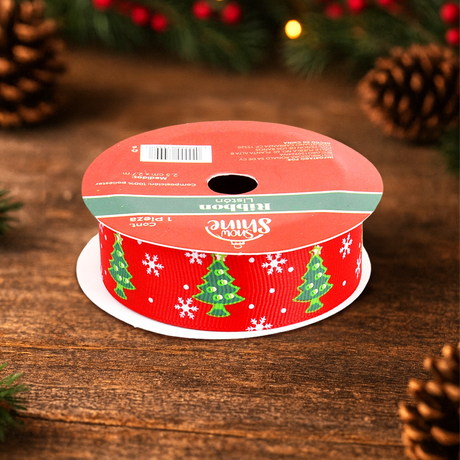 Listón Navideño, Pinos, Color Rojo