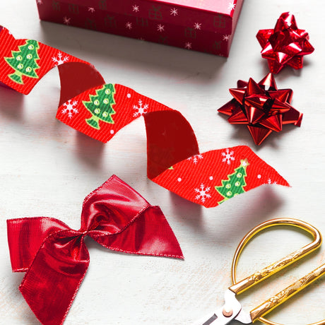 Listón Navideño, Pinos, Color Rojo