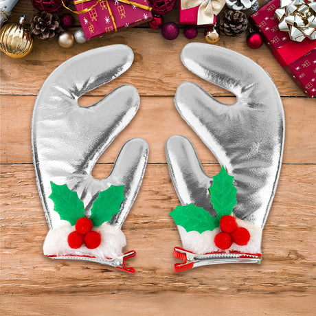 Broches de Cabello Navideños, Cuernos Reno, Color Plata