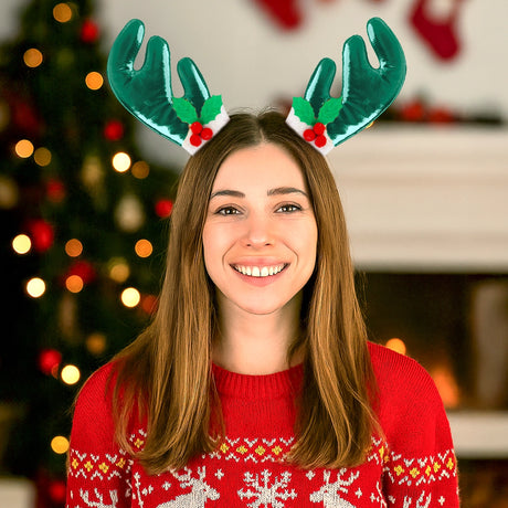 Broches de Cabello Navideños, Cuernos Reno, Color Verde