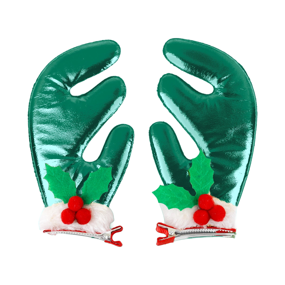 Broches de Cabello Navideños, Cuernos Reno, Color Verde