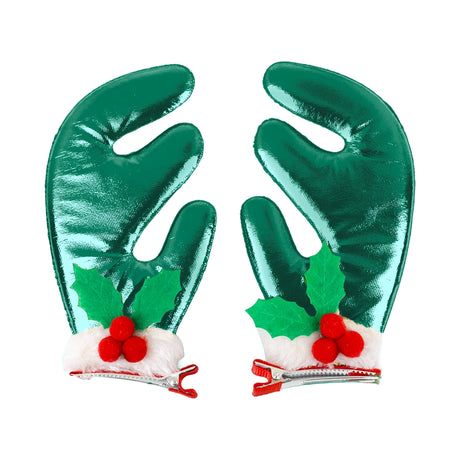 Broches de Cabello Navideños, Cuernos Reno, Color Verde