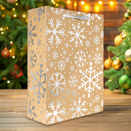 Bolsa de Regalo Navideña, Kraft, Copos de Nieve