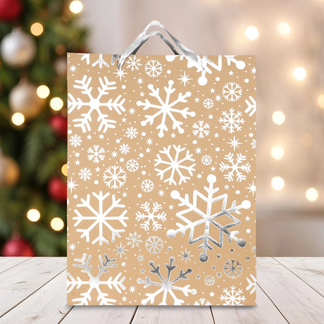 Bolsa de Regalo Navideña, Kraft, Copos de Nieve
