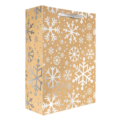 Bolsa de Regalo Navideña, Kraft, Copos de Nieve