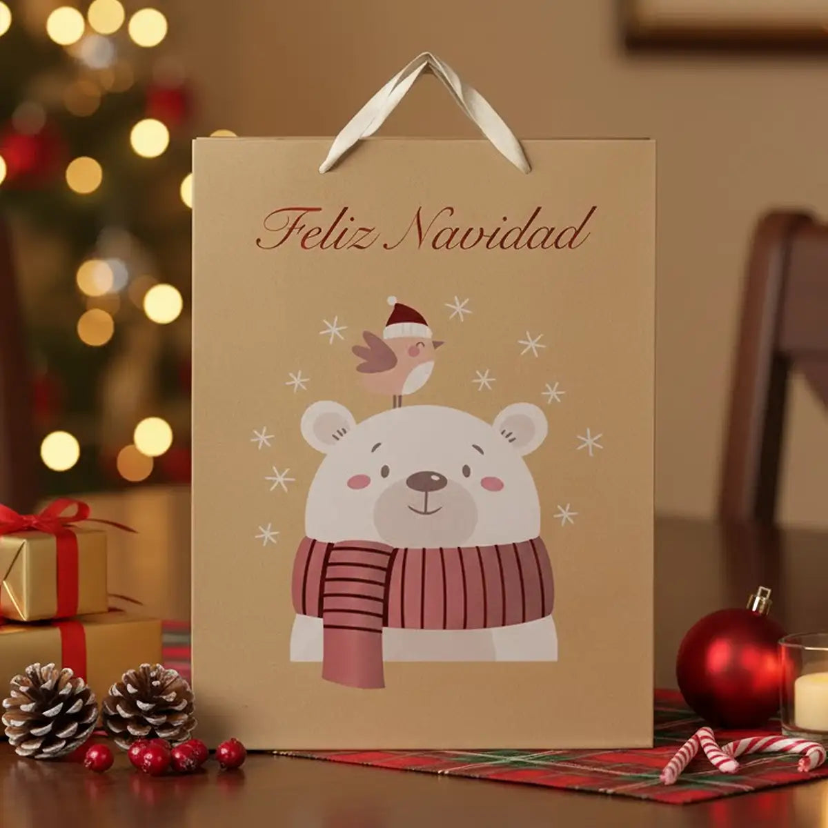 Bolsa de Regalo Navideña, Kraft, Oso Polar