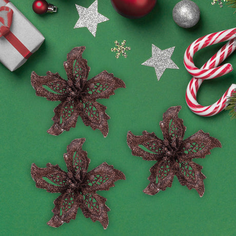 Ornamento Navideño en Forma de Flor, Color Café, 3 pzas