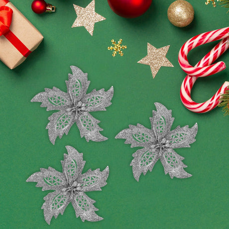 Ornamento Navideño en Forma de Flor, Color Plata, 3 pzas