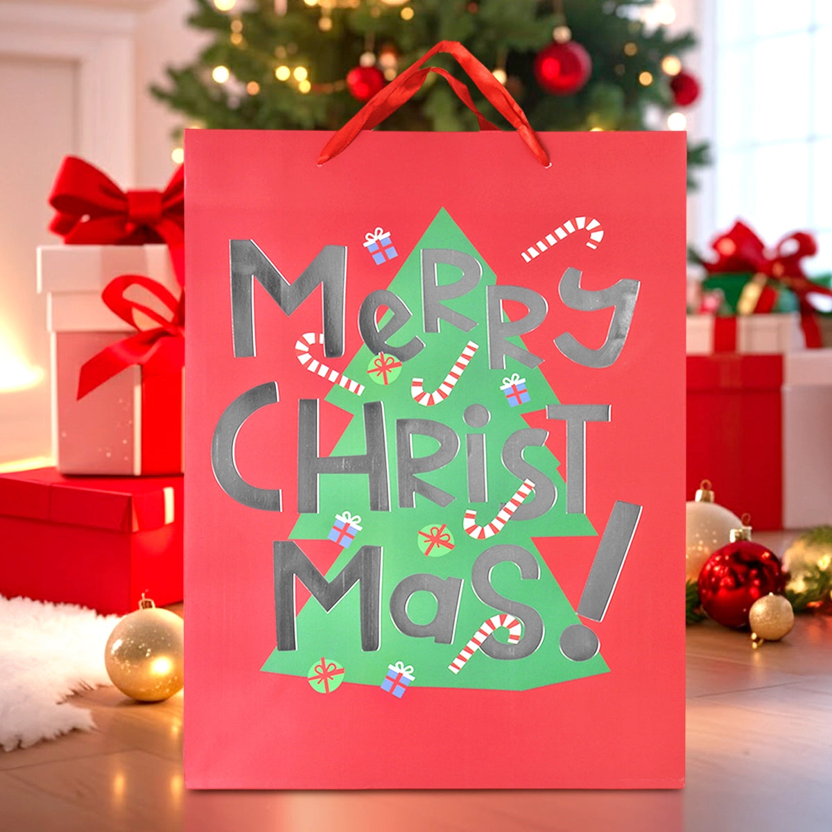Bolsa de Regalo Navideña, Merry Christmas, Letras Brillantes