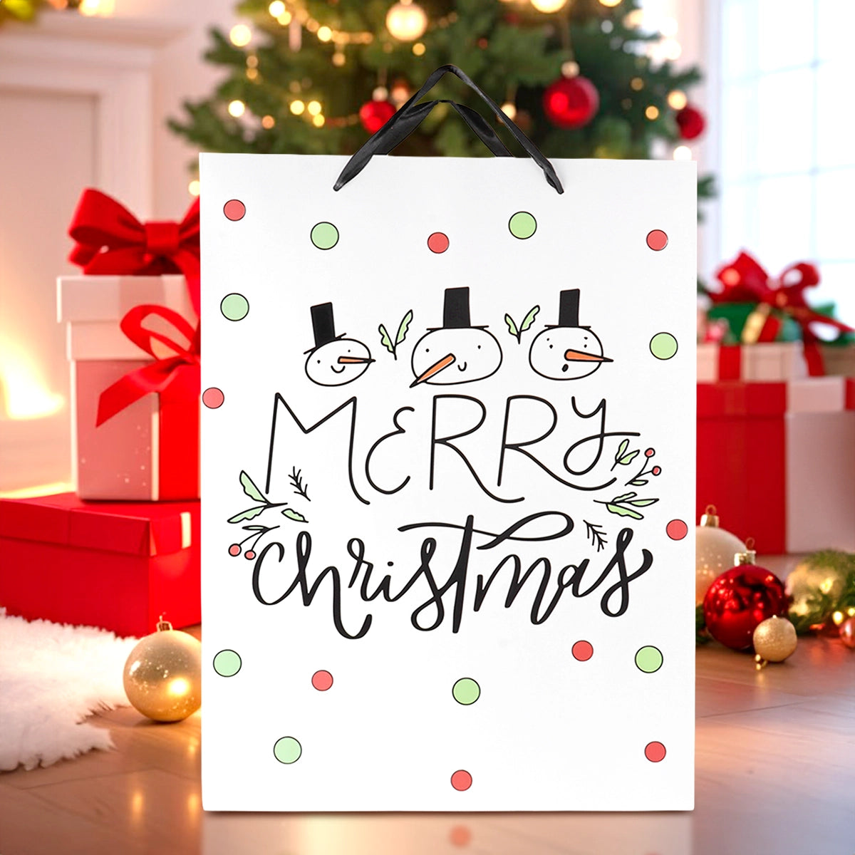 Bolsa de Regalo Navideña, Merry Christmas, Muñecos de Nieve