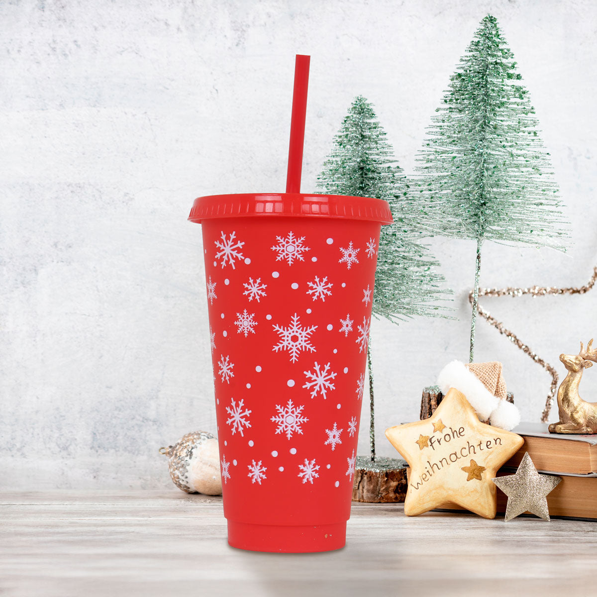 Vaso de Plástico con Tapa y Popote, Navideño, Copos de Nieve