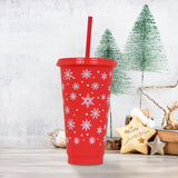 Vaso de Plástico con Tapa y Popote, Navideño, Copos de Nieve